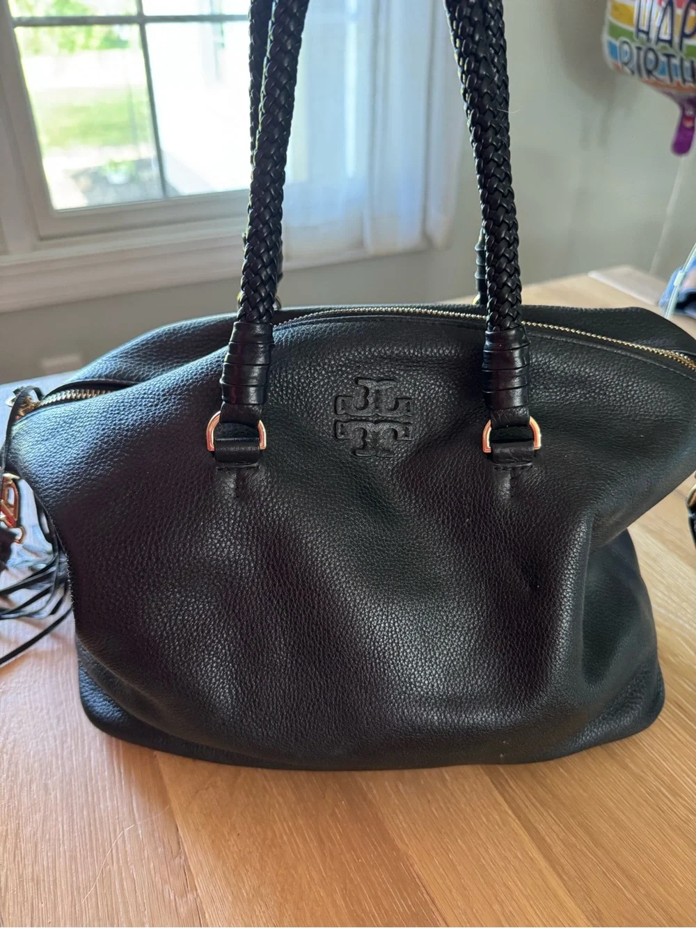 Tory Burch Black Pebbled Leather Braided-Handle Satchel